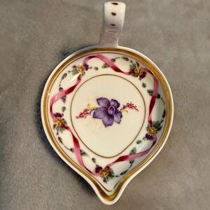 Richard Ginori Hand Painted Pink Ribbon Floral‎ Bonbon Dish Italy w/ Handle